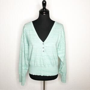 J Crew light green white striped v neck button sweater size Large